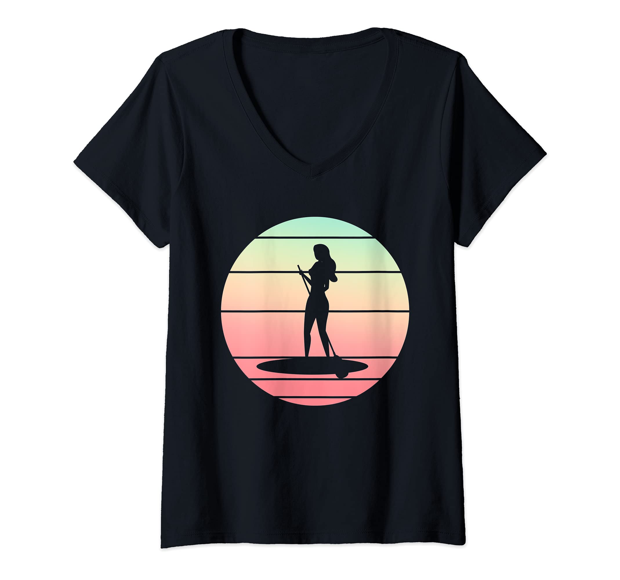 Womens Paddleboarder Sunset Stand Up Paddleboarding Retro SUP V-Neck T-Shirt