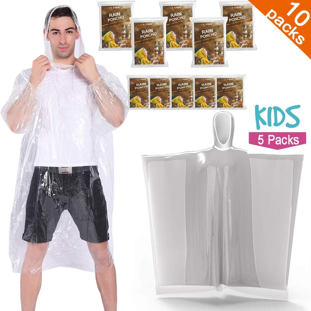 COOY Rain Poncho, with Drawstring Hood 10 Pack（5 Adults+5 Kids） Emergency Disposable Rain Ponchos Family Pack for Adults Kids,Fit Men and Women, Perfect for Disneyland,Clear