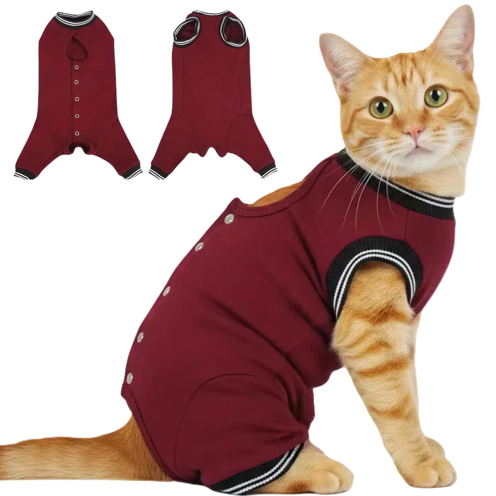 Photo 1 of T'CHAQUE Cat Surgery Recovery Suit for Female Male, Cat Onesie Pet Surgical Pajamas Long Sleeve, Abdominal Wound Healing, E-Collar Alternative, Spay/Neuter Recovery Garment-Burgundy-M