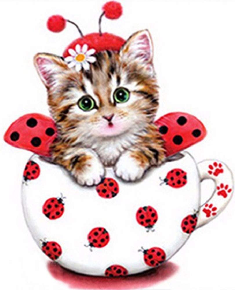 New 5D Diamond Painting Kits for Adults Kids, Awesocrafts Red Ladybug Cup Kitten Partial Drill DIY Diamond Art Embroidery Paint by Numbers with Diamonds (Ladybug)