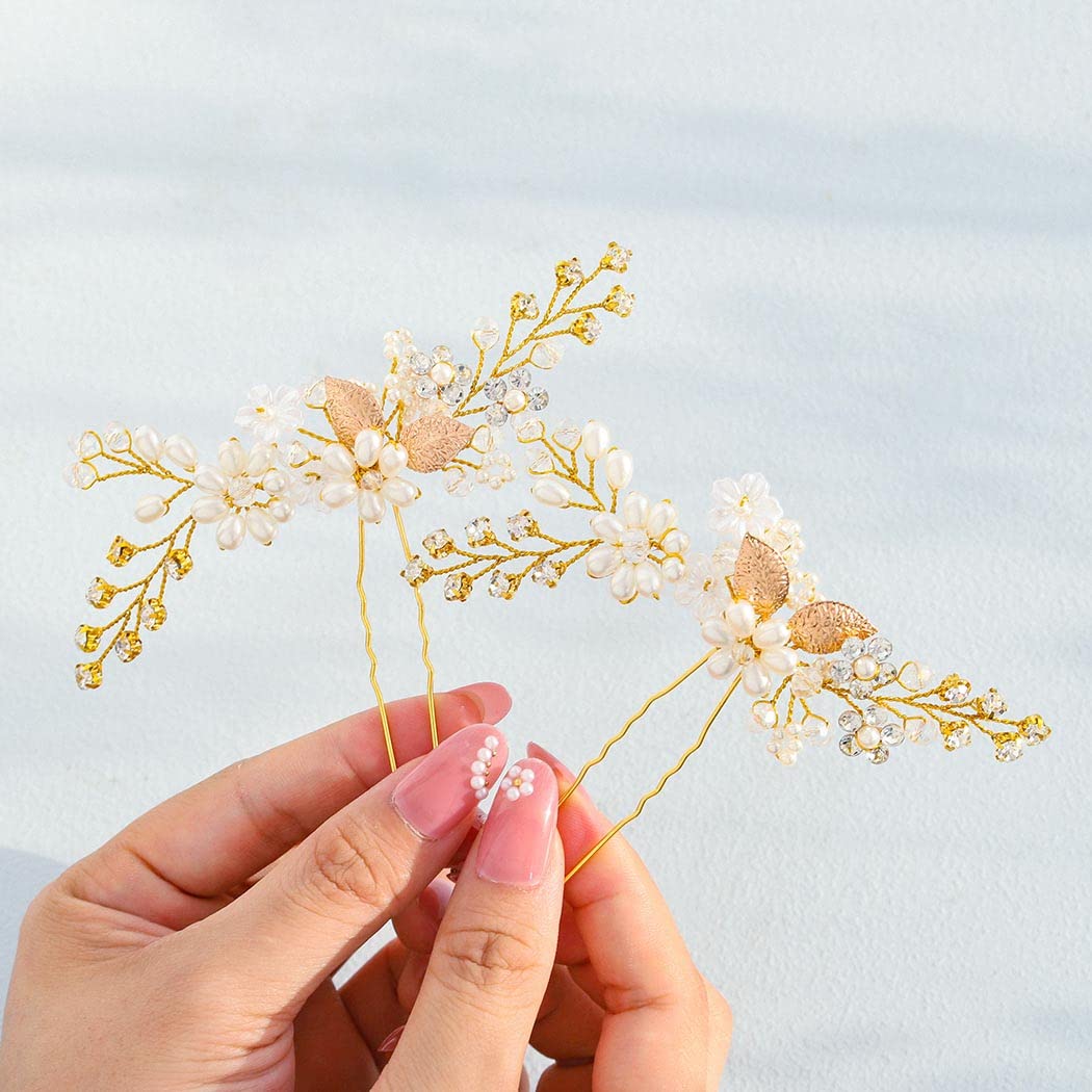 IYOU Bridal Wedding Hair Pins Pearl Flower Gold Headpiece Leaf Communion Prom Hair Accessories for Brides and Bridesmaids(Pack of 2)