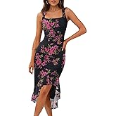 MEROKEETY Women's 2026 Summer Floral Bodycon Dress Square Neck Sleeveless Ruffle Cocktail Mesh Beach Vacation Midi Dresses