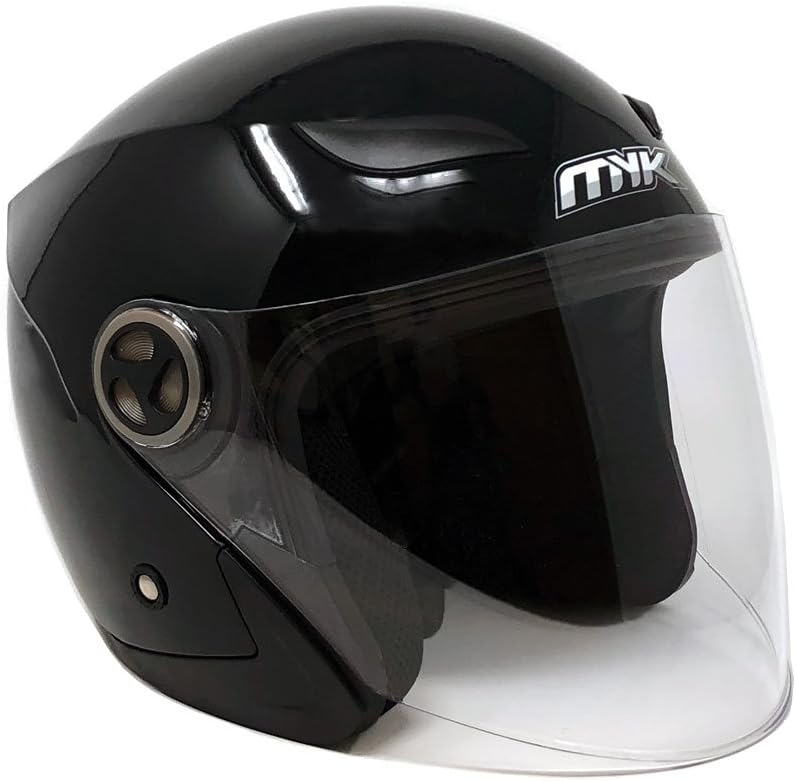 MYK Powersports Helmets Open Face Flip Up Clear Shield - DOT Street Legal - Shiny Black (Large) Model 619