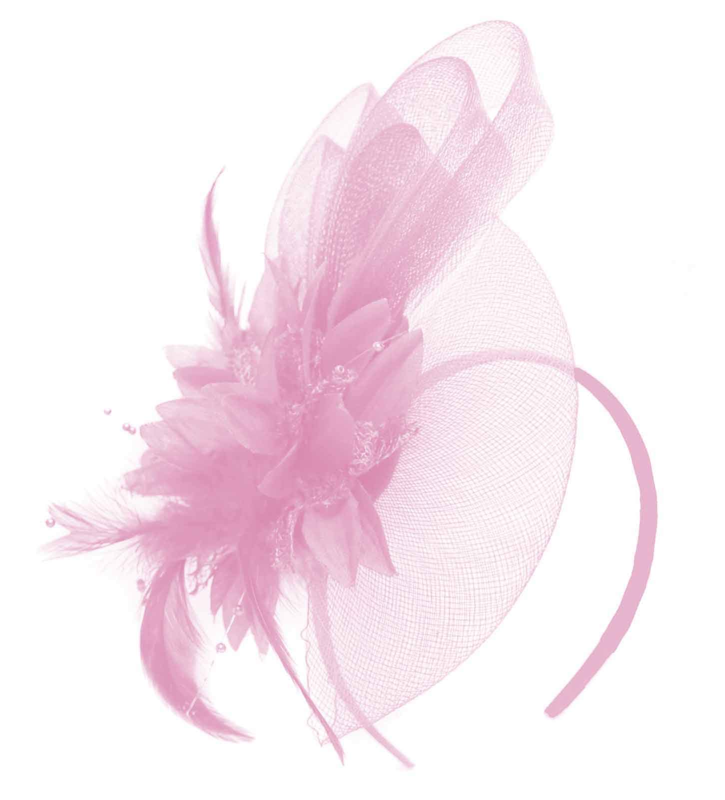 Caprilite Baby Pink Fascinator Headband Flower Wedding Ascot Races Net Hat Feathers
