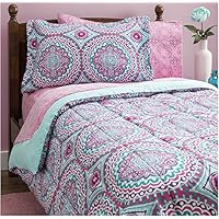 Design Studio Thalia 11-Piece Bag, Comforter with Sheets Medallion, Bohemian, Boho Chic, Microfiber, Teen, Girls, Bedding,Full, Purple/Aqua