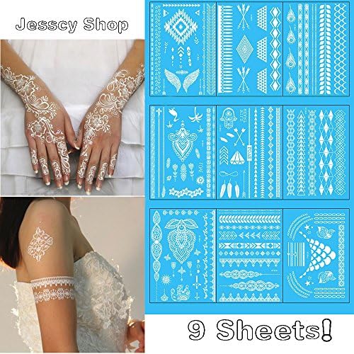 Premium Temporary Tattoos, 9 Sheets, White Color, Long Lasting and Waterproof Temporary Fake Jewelry Tattoo, Sexy Body Tattoo Sticker for Women &amp; Girls(Style 2)