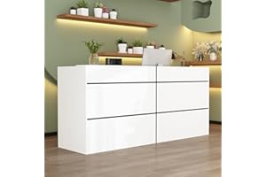 FAMAPY Reception Desk with Shelves, Modern Front Counter Table Checkout Retail Counter for Reception Room Lobby Shop, White and Black, 23.6”D x 86.6”W x 39.3”H