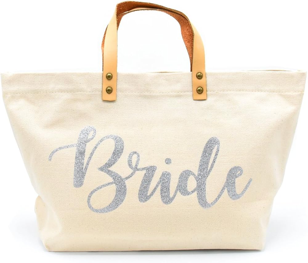 PumPumpz" Bride/Mrs" Bridal Tote Bag Natural white and glittery for Wedding Gifts.