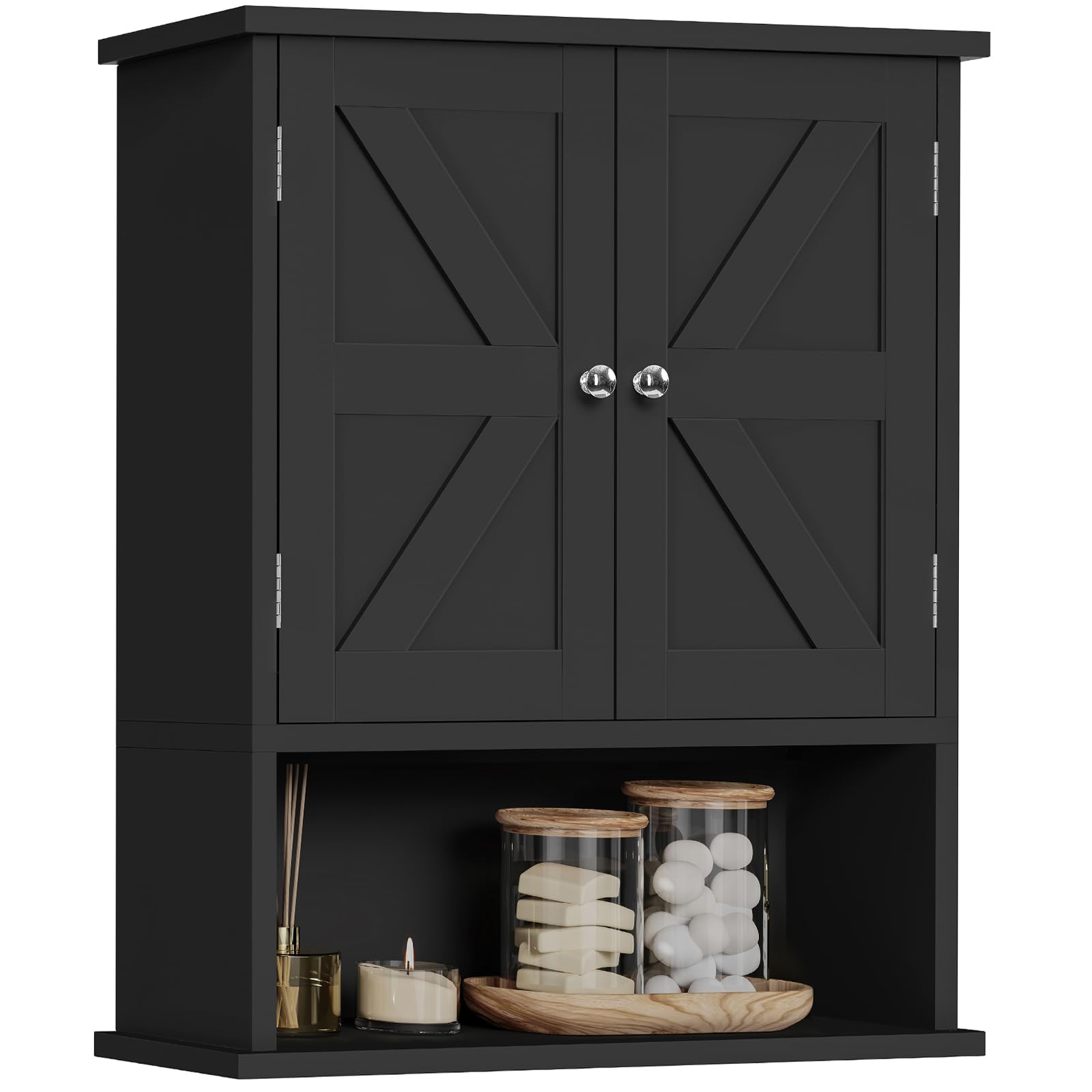 Photo 1 of TEENFON Bathroom Wall Cabinet, Over The Toilet Space Saver Storage Cabinet with Barn Doors & Adjustable Shelf, Hanging Medicine Cabinet, Black UNGGX003HV1