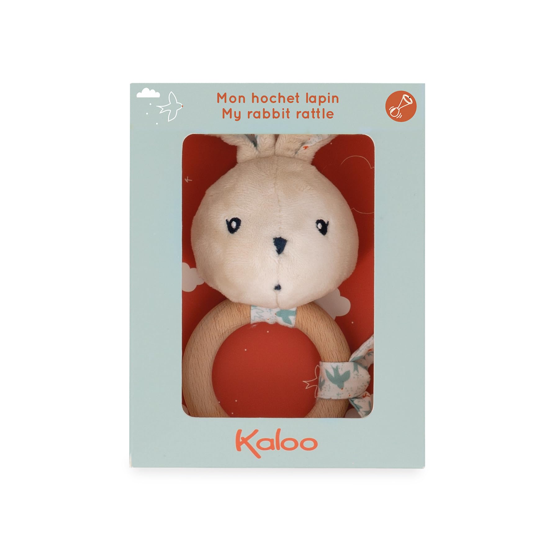 Kaloo - K'doux - Baby Rattle - FSC Wood Ring - Rabbit Plush with Squeaker - Promotes Development - Stimulates The Senses - Dove Pattern - 0 Months +, K216001