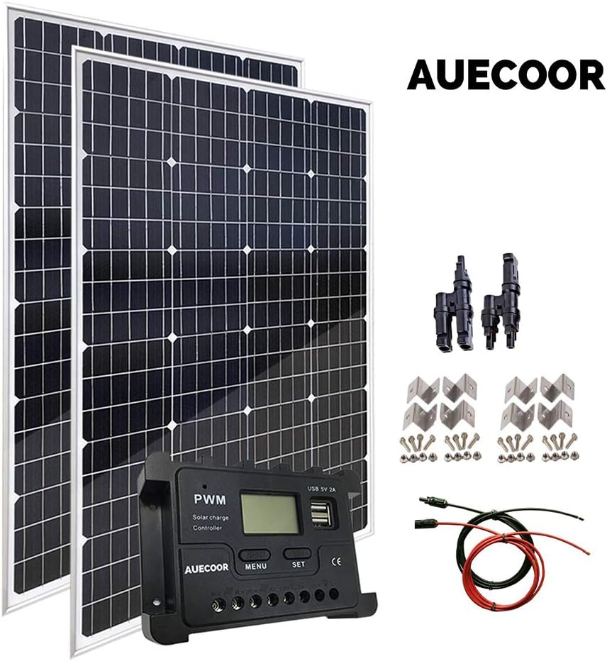 AUECOOR 240 Watt 12V Monocrystalline Solar Panel Module Kit: 2 x 120w Mono Solar Panel+20A LCD Display Solar Controller for Home,RV,Caravan,Boat and 12V/24V Battery