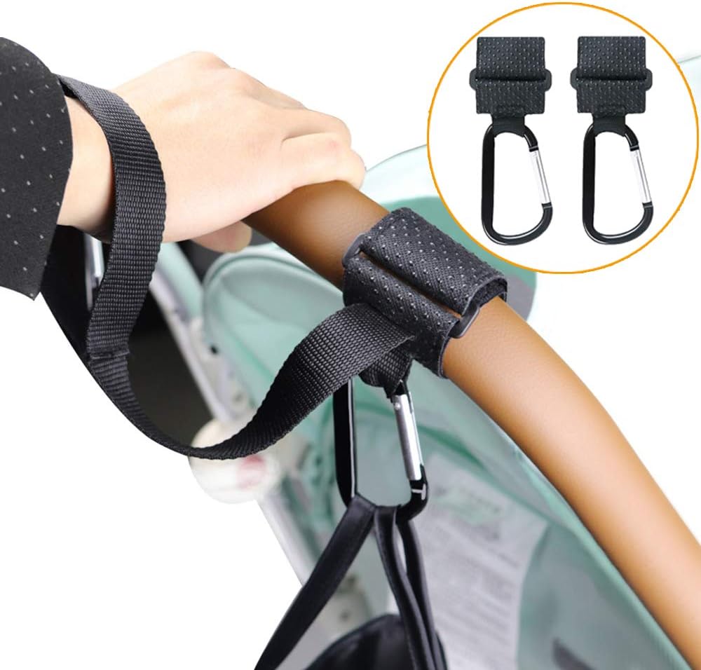 2 Pack Strollers Hooks with Wrist Strap,Baby Buggy Clips,Anti-Skid,Multi Purpose,Universal Fit,Black