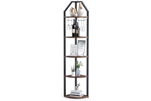SAUCE ZHAN 70 Inch Rustic Corner Shelf 5 Tier Tall Corner Bookshelf with Storage Industrial Corner Shelf Stand with Goblet Holder Wooden Bookcase for Living Room, Kitchen, Small Space - Brown