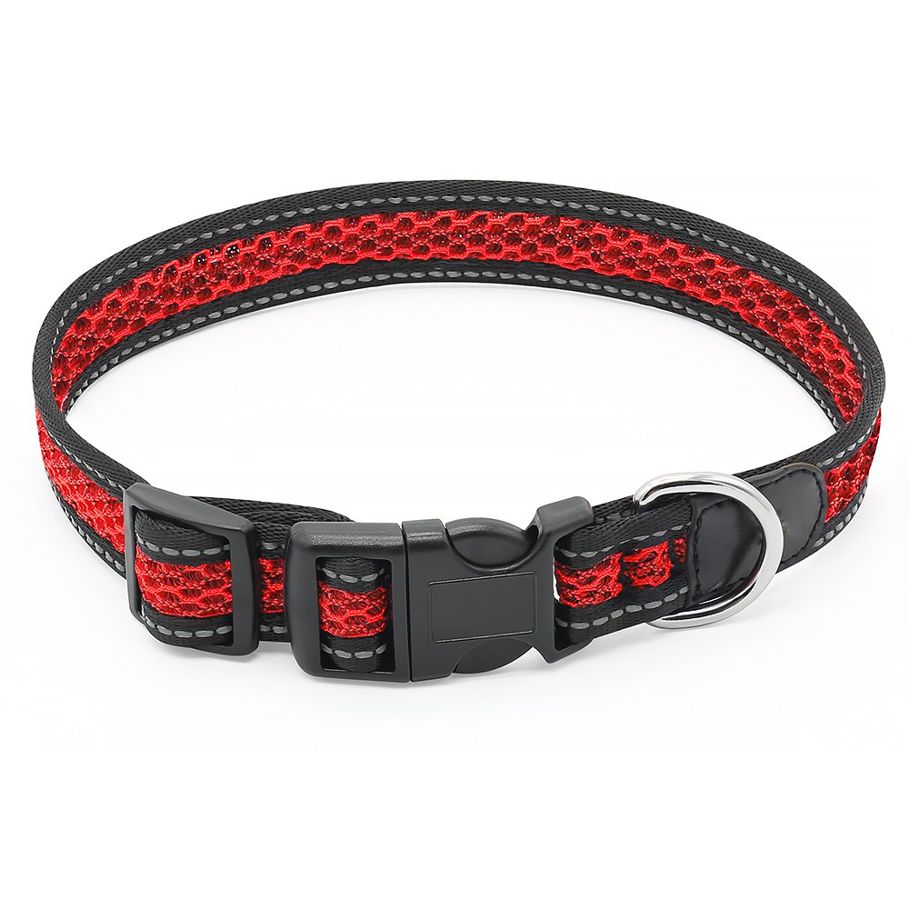 Reflective Dog Collar, Adjustable Waterproof Soft Mesh Fabric Pet Collars for Small, Medium, Large Dogs (M, RED)