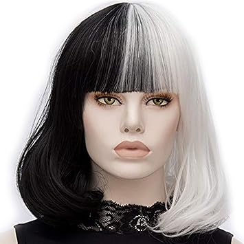 Tantako Women Synthetic Half Black Half White Cosplay Short Bob