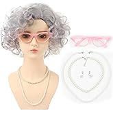Nice Here Women Roper Curly Old Lady Grey Cosplay Wig with Necklace Earrings and Sunglasses for Women Hallween Costume Wig