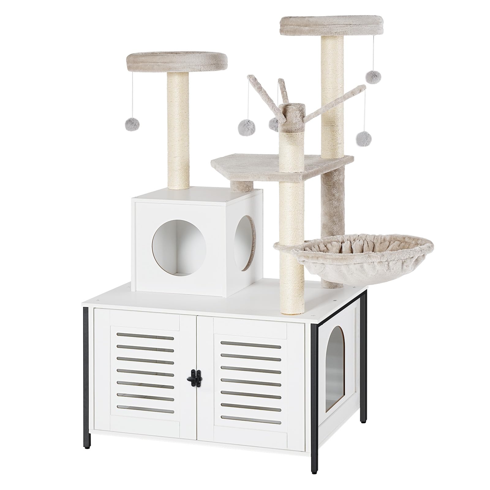 Photo 1 of HOOBRO Cat Tree with Scratching Posts, Cat Tower Litter Box Enclosure Furniture for Indoor Cats, All-in-One Wooden Cat House Condo with Cat Hammock, Detachable Teaser Sticks, White BW14MZ03