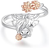 BEILIN Highland Cow Open Ring - 925 Sterling Silver Cute Animal Adjustable Rings Cow Jewelry Gift for Birthday Mother‘s Day, white