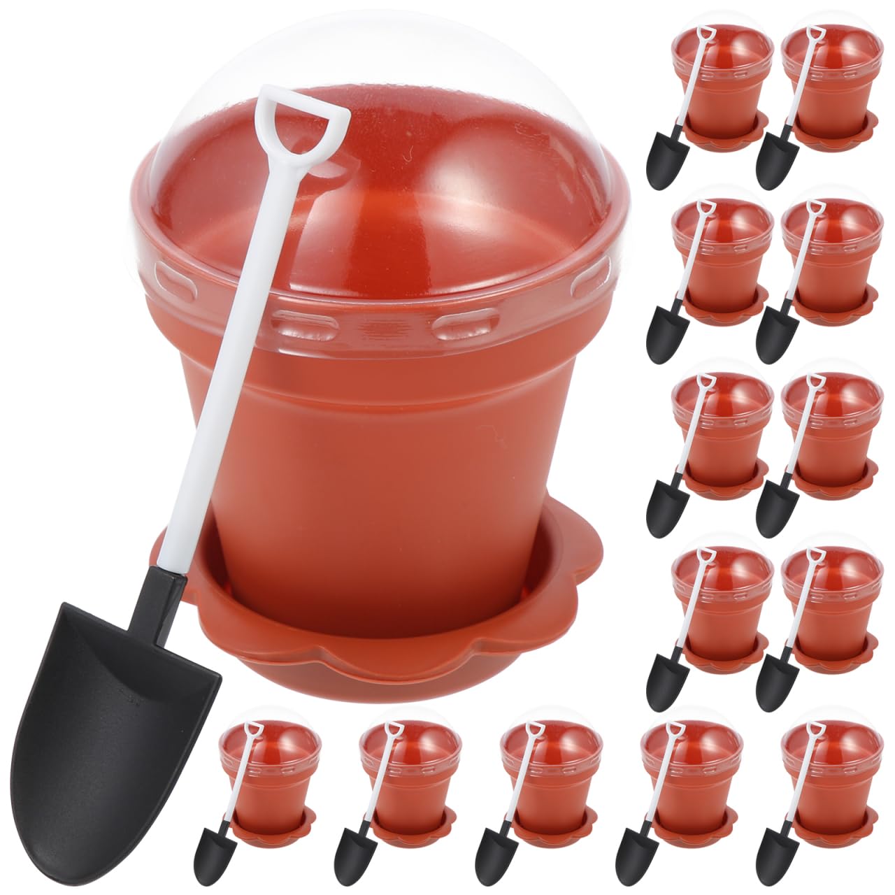 Happyyami 20pcs Brown Plastic Plant Pots with Humidity Dome Small Flower Pots Nursery Seedling Pots for Cuttings Succulents with Saucers and Spoon