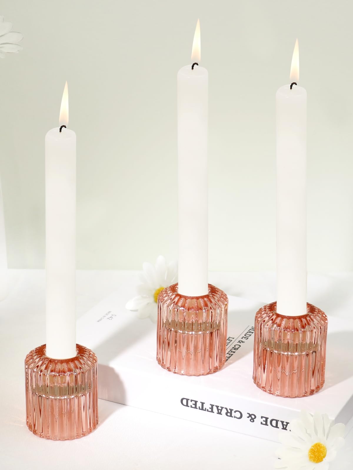 HofferRuffer Candlestick Holders Set of 3 Glass Candle Holders for Taper Candles & Tealight Candles,Home Decor,Table Centerpiece,Wedding,Thanksgiving,Christmas Reddish Brown