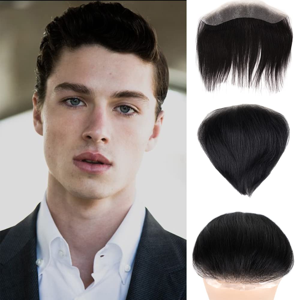 Lordhair V-Shape Frontal Hairpiece for Men, Natural Human Hair System with PU Thin Skin for Receding Hairline Coverage