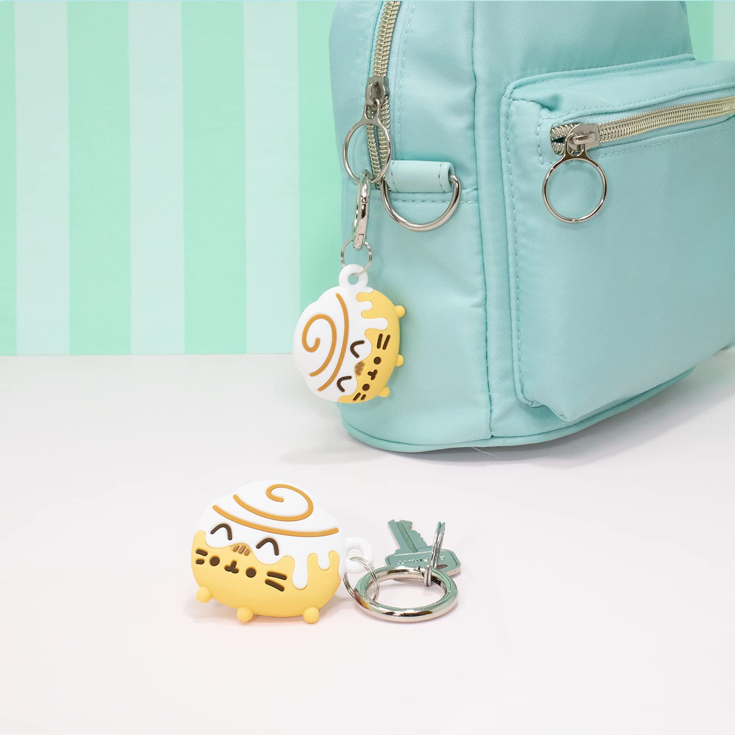 iFace x Pusheen Café Series Silicone Protective Cover Designed for Apple AirTags [Cute Character Case] [Carabiner Keychain Clip Included] - Cinnamon Roll