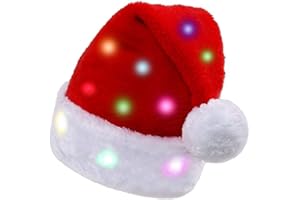THEUU Novelty LED Light Up Christmas Hat Funny Plush Santa Hat with 24 Colorful Bright Lights New Year Festive Holiday Party Supplies for Adults Kids