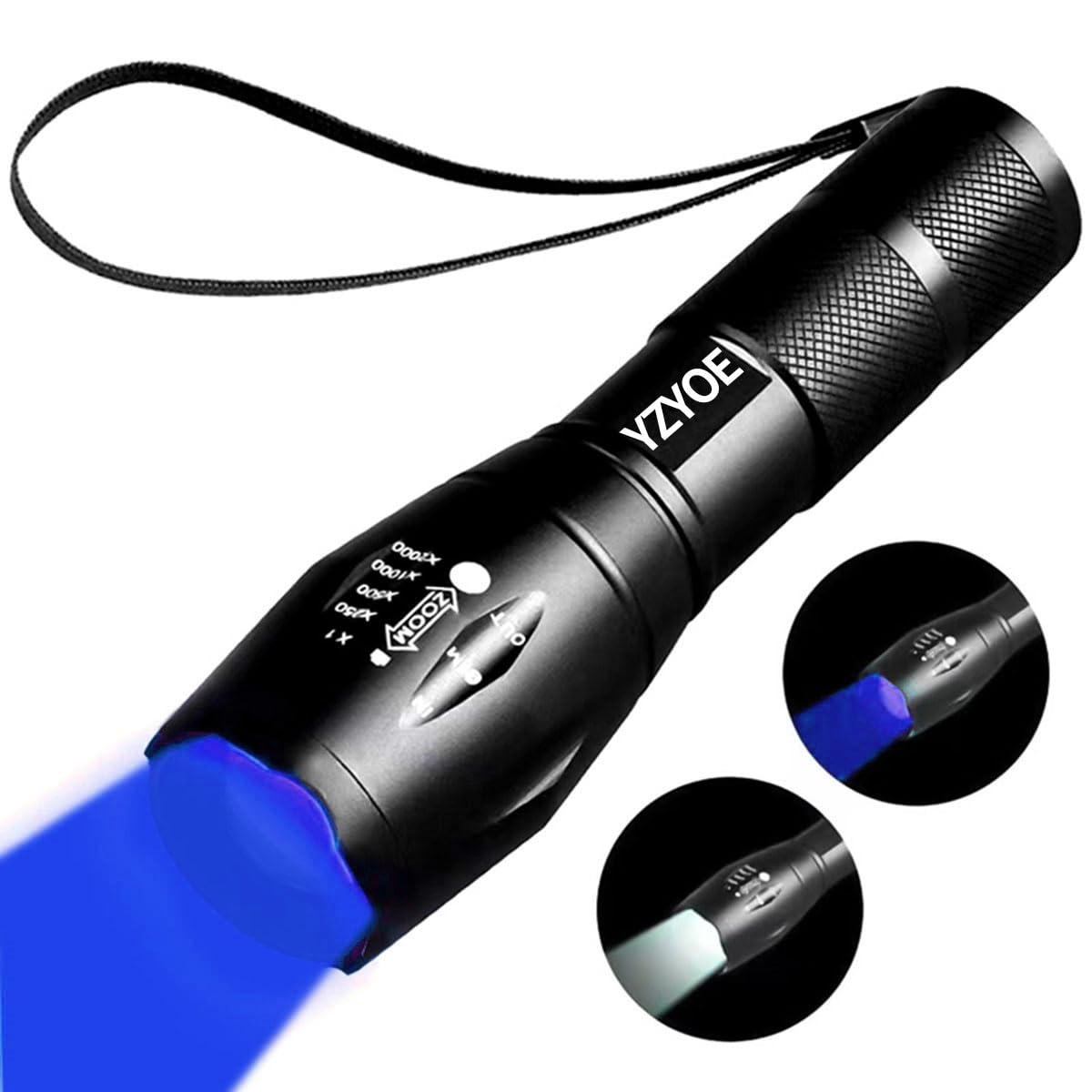 Photo 1 of YZYOE Two-in-One Rechargeable Flashlight With White and Blue Light, Outdoors Zoom Blood Light for Observation, 2 Modes