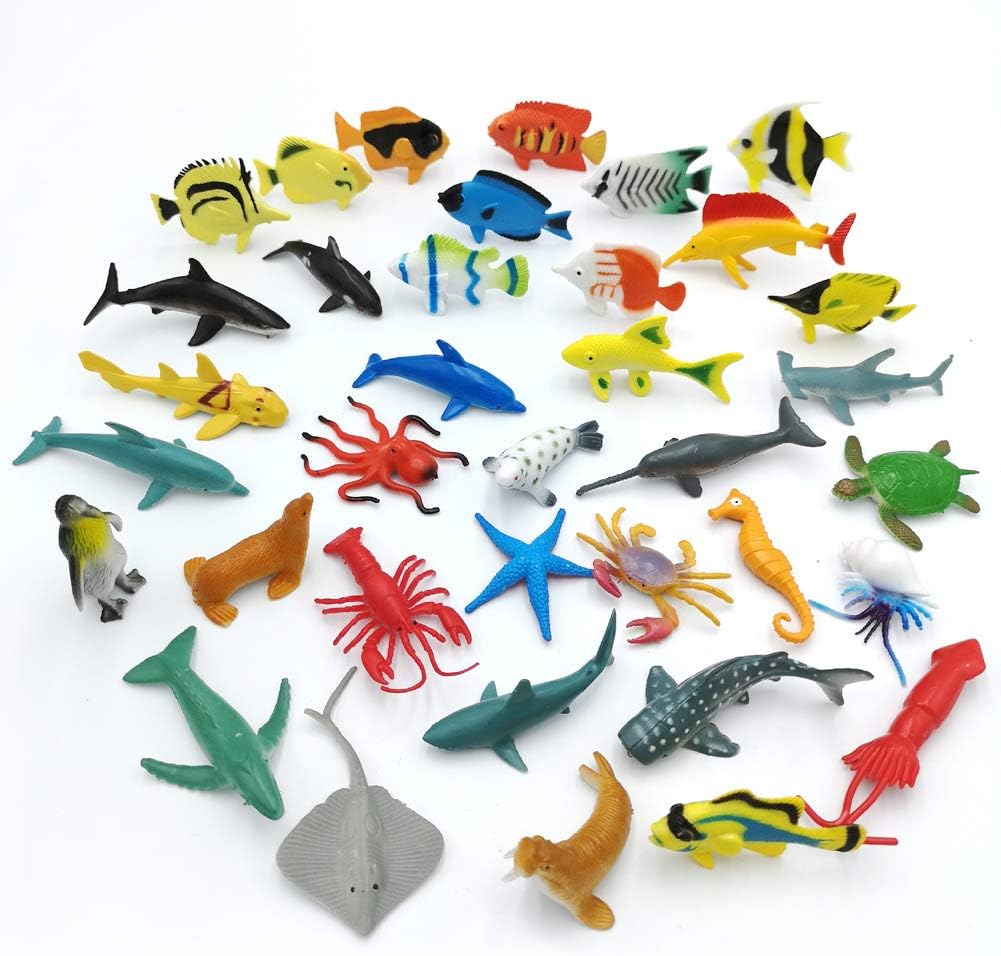 Taken All Dew Drops Water Beads Ocean Animal Toy Kit - 36 Sea Animal Creatures Included ,Assorted Mini Vinyl Plastic Sea Animals in Tube Action Figure Set