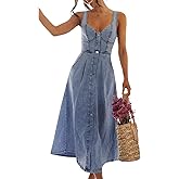 chouyatou Women's Summer Casual Button Down Denim Dress A-Line Sleeveless Midi Jean Dress