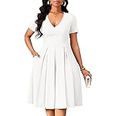 MarryUP Women's Casual Wrap Dress Wedding Guest Dresses with Pockets Short Sleeve A-Line Swing V-Neck Pleated Dresses