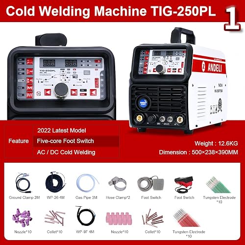ANDELI TIG-250MPL Cold Welder – 110/220V, TIG/Pulse/Cold Modes, Stainless Steel Silver Bead, CE Certified, 2-Year Warranty