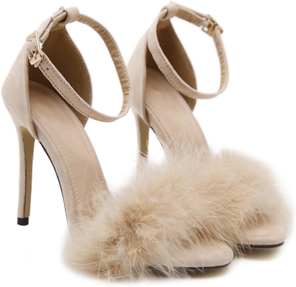 YIBLBOX Women's Fluffy Feather Open Toe Ankle Strap Strappy Sandal Stiletto Wedding Dress High Heel Shoes