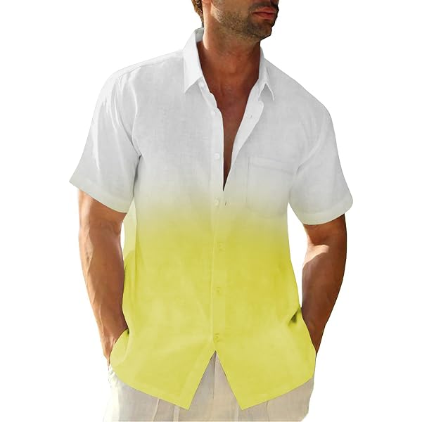 Men's Casual Short Sleeve Button-Down Shirt - Striped Patchwork Hawaiian Print, Summer Beach Shirt, Yellow, Size Large