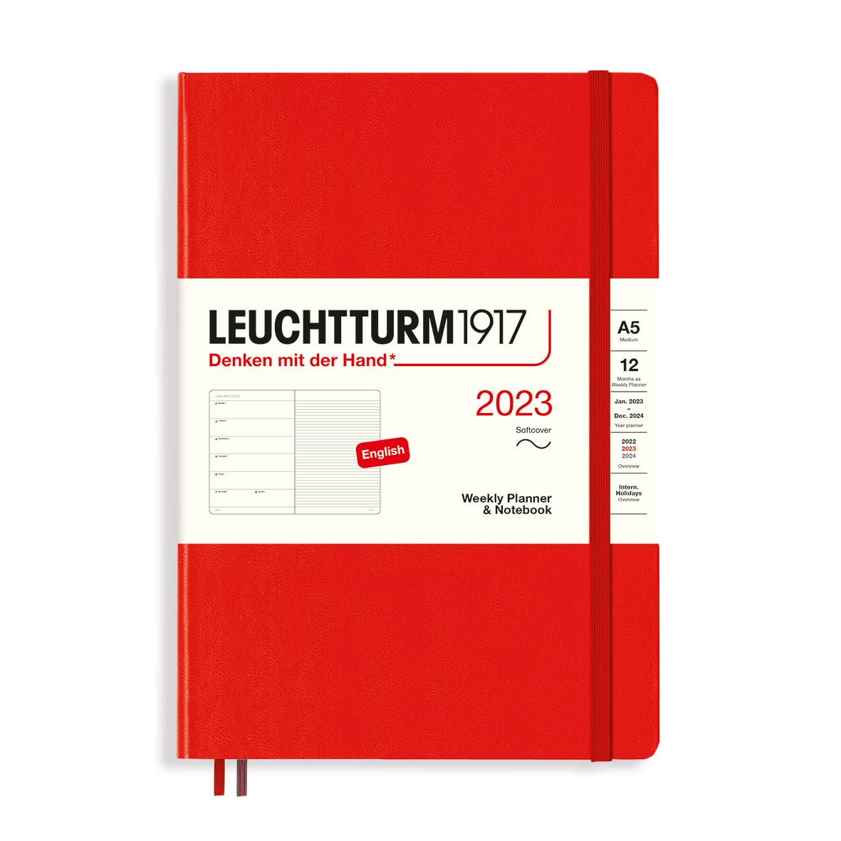 LEUCHTTURM1917 365904 Weekly Calendar & Notebook Softcover Medium (A5) 2023, 12 Months, Red, English