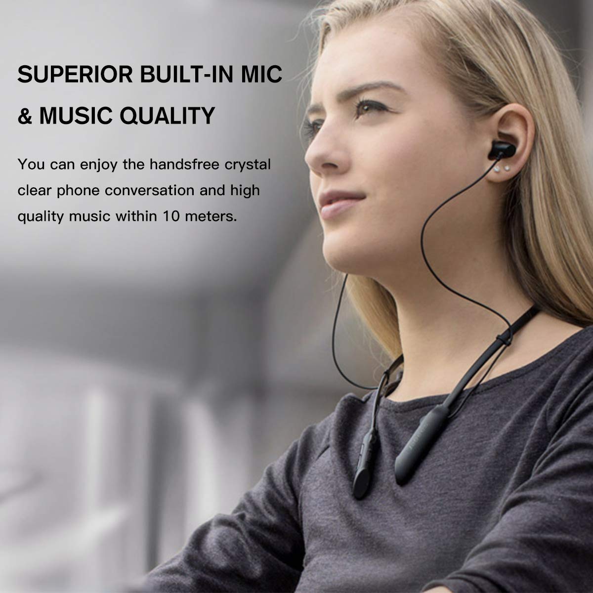 Jabees NBees Bluetooth Earbuds Wireless Neckband Headsets Noise Cancelling Stereo Earbuds w/Mic Soft Neckband Stylish Wearables for Handsfree and Music in-Ear Metal Headphones