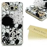 Note 5 Case,Galaxy Note 5 Case - Mavis's Diary® 3D Handmade Bling Crystal Cool Black Camellia Flower with Puffer Ball Shiny Diamond Rhinestone Design Clear Case Hard PC Cover for Samsung Galaxy Note 5