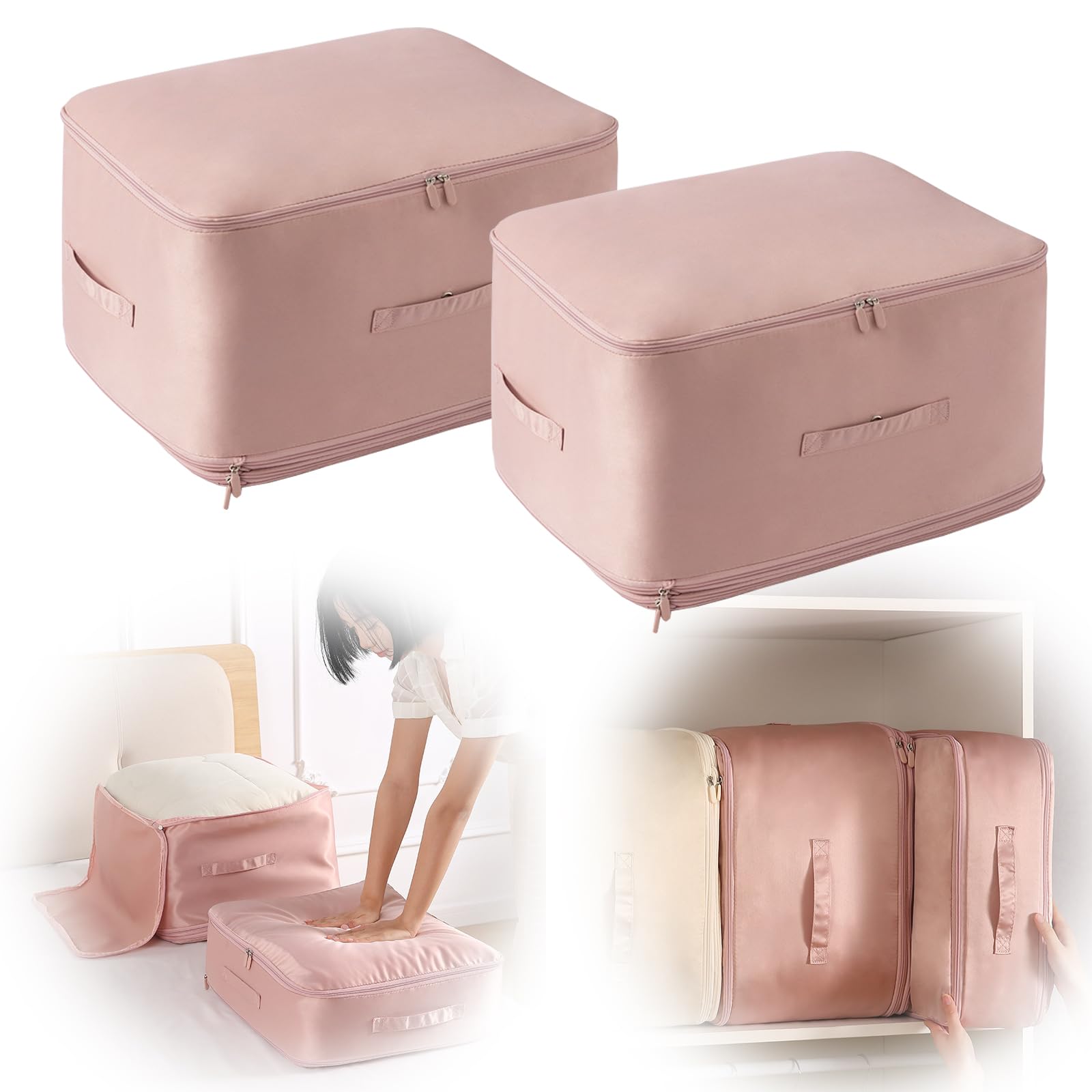 Ultra Space Saving Self Compression Organizer, Self Compression Moving Organizer Bags for Down Quilt, Down Clothes, Bedding, Storage Tote for Space Saving (2-packs pink, XL)