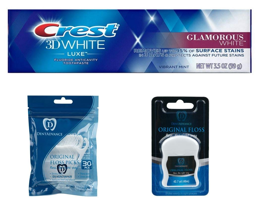 Premium dental Kit, Crest Toothpaste, DentAdvance Premium Unwaxed Dental Floss. & premium angled Dental Floss Picks, Unwaxed, Includes Travel case