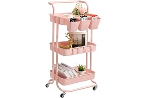 danpinera 3 Tier Rolling Utility Cart with Lockable Wheels & Hanging Cups & Hooks Storage Organization Shelves for Kitchen, Bathroom, Office, Library, Coffee Bar Trolley Service Cart, Seashell Pink