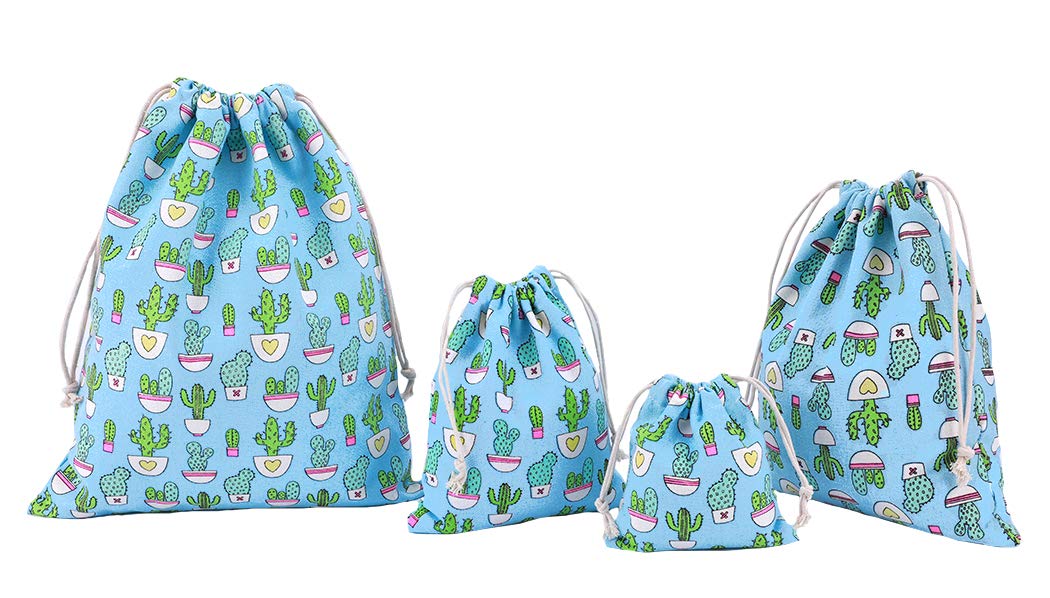Amoyie 4 pcs Drawstring Storage Bag Set for Baby Stuff, Travel Home Accessories - Sky Blue Cactus