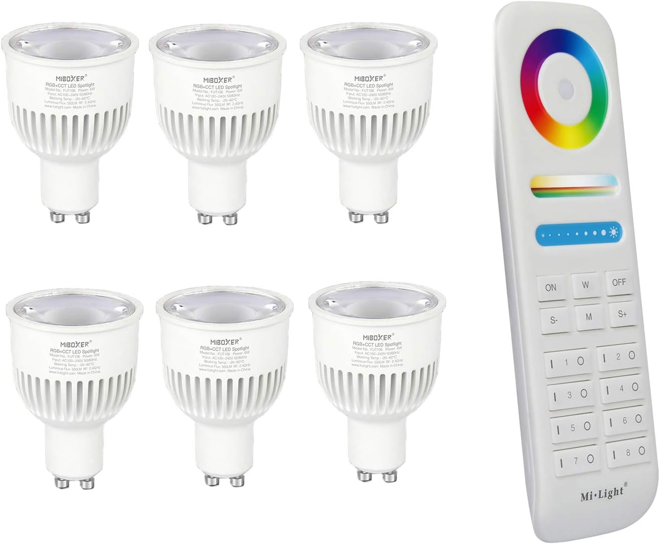 lighteu®, 6X 6W GU10 RGB+CCT LED Spotlight Color Changing and CCT WW CW Temperature Adjustable, Original Mi-Light