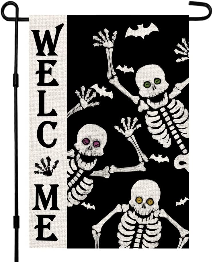 Flags - Welcome Halloween Skull Small Garden Flag Vertical Double Sided Burlap 12 x 18 Inches Yard Porch Outdoor Decor DF119