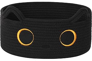 WILLITAT Black Cat Toy Basket, Small Woven Cat Toy Storage Box with Cute Ears Handle Indoor, Cotton Rope Storage Bin with Embroidered Face for Halloween Decor, Pet Bed, Nursery Kids Room Organization