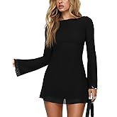 GOBLES Women's Sexy Long Flare Sleeve Boat Neck A-line Mini Cocktail Party Dress