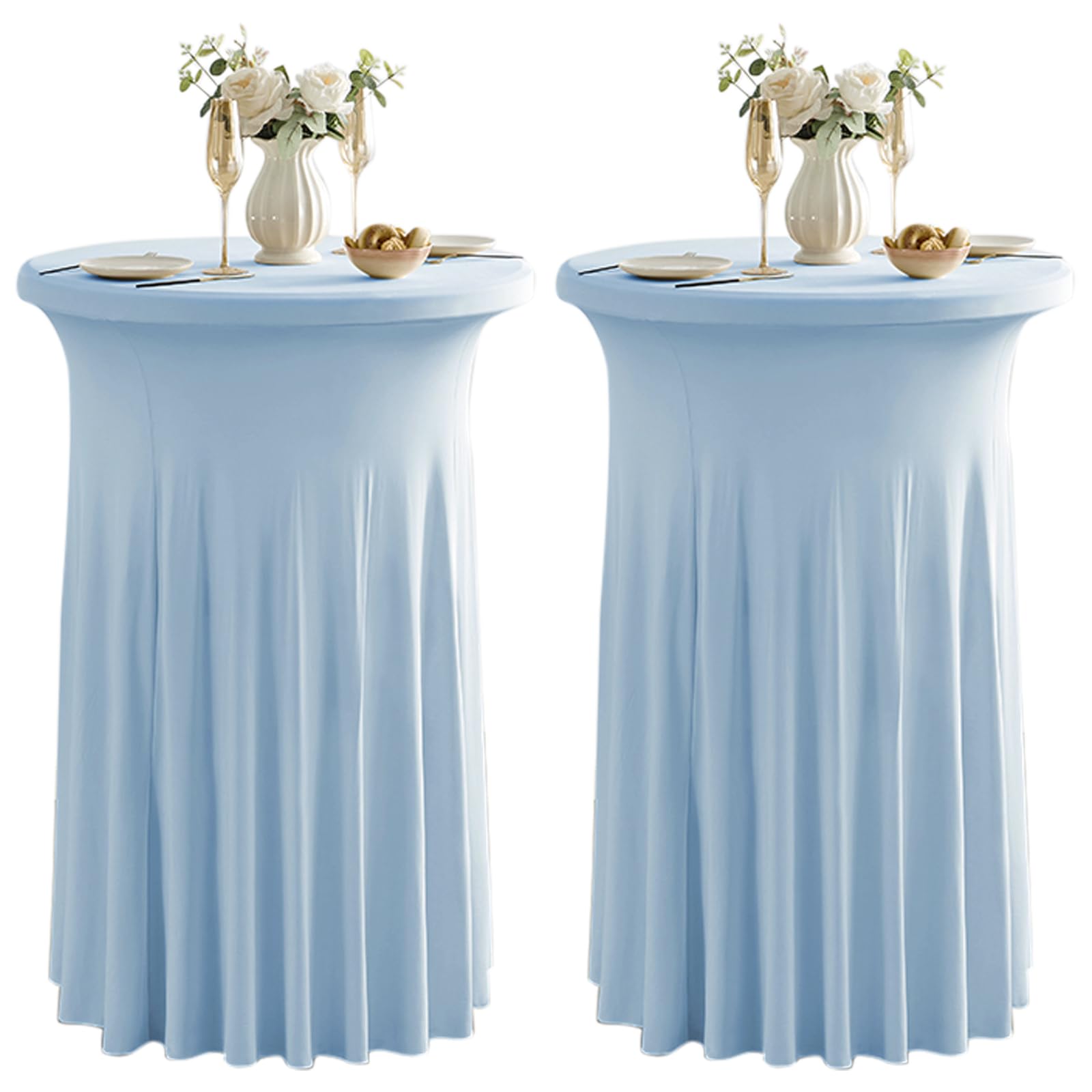 Photo 1 of Qubjus 2 Pack Round Cocktail Tablecloth with Skirt Stretch Spandex Table Covers 24"x43" Cocktail Round Table Skirt for Party Wedding Birthday Banquet, Light Blue