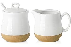 Hasense Ceramic Sugar and Creamer Set, 3 Piece Coffee Serving Set with Cream Pitcher, Sugar Bowl, Lid & Spoon, 10 Ounce Sugar