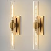 Champagne Brass Bathroom Wall Sconce - Set of 2 Modern Gold Light Sconces - Clear Glass Tube Vanity Lights - Vertical or Hori