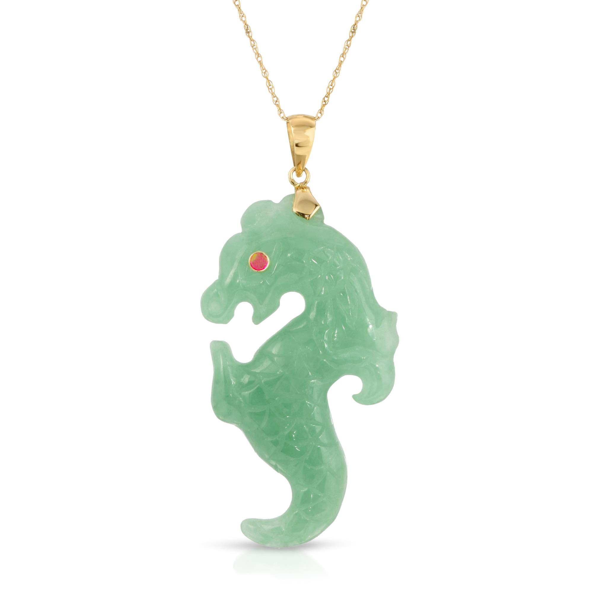 本物のグリーン翡翠タツノオトシゴペンダントネックレス ルビーアイ 14K イエローゴールド商品画像