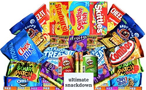 Ultimate Snackdown Sweet and Salty Sampler Snack Pack Gift Box: 40 Pieces Assorted Candy, Chips, Cookies, Etc - College, Office, Military Care Package